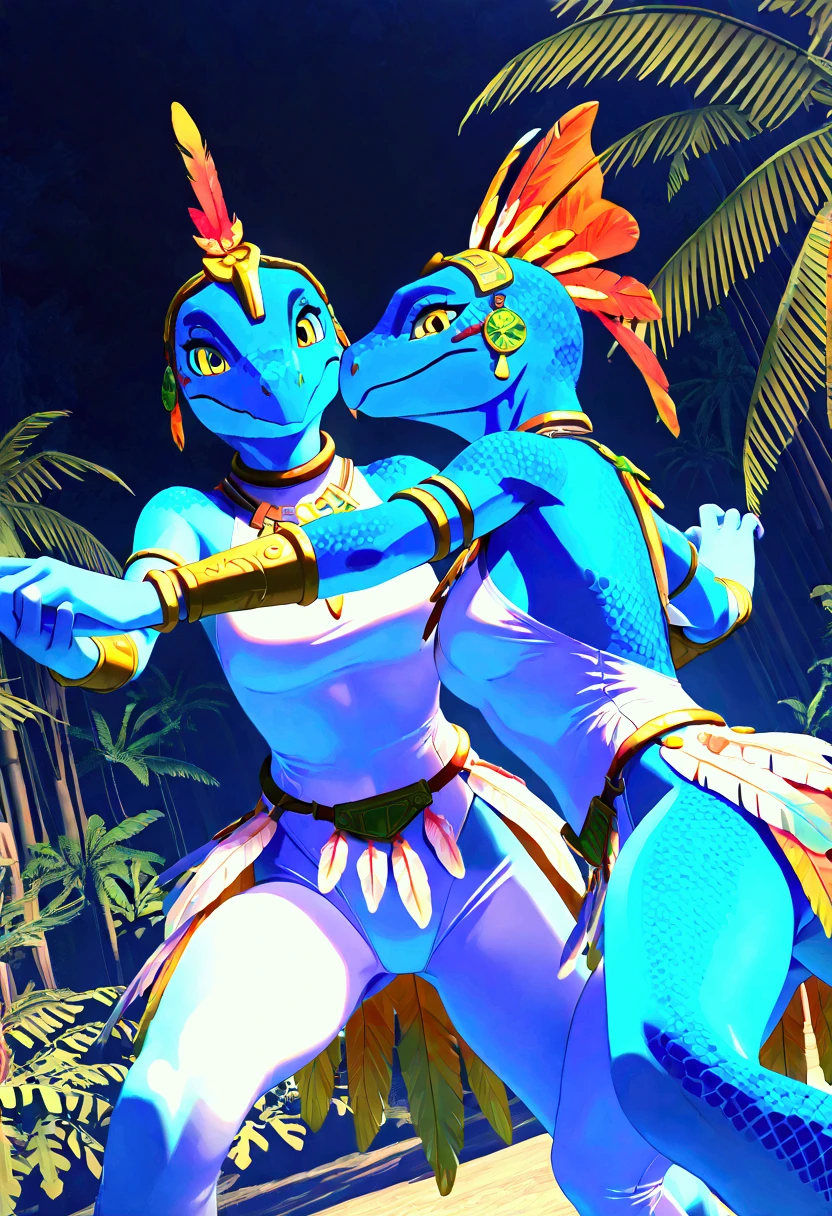 3d , female , SkinkSkirmisher , duo, twins, looking at the viewer seductivly ,scalie ,blue body, blue scales, yellow eyes, simple background, jungle temple background, late night, tropical forest, dense vegetation, wearing edgCarnival, white silver shiny costume with white feathers, one-piece bodysuit, white silver shiny leotard, jewelry, white feather pan headress, white feather skirt, white feathers bracers, close mouth, good hand, dynamic angle, dancing pose, beautiful face, flawless face, detailed eyes, large eyes, beautiful girl, low angle view, dancing, seductive, dancing next to each others, 