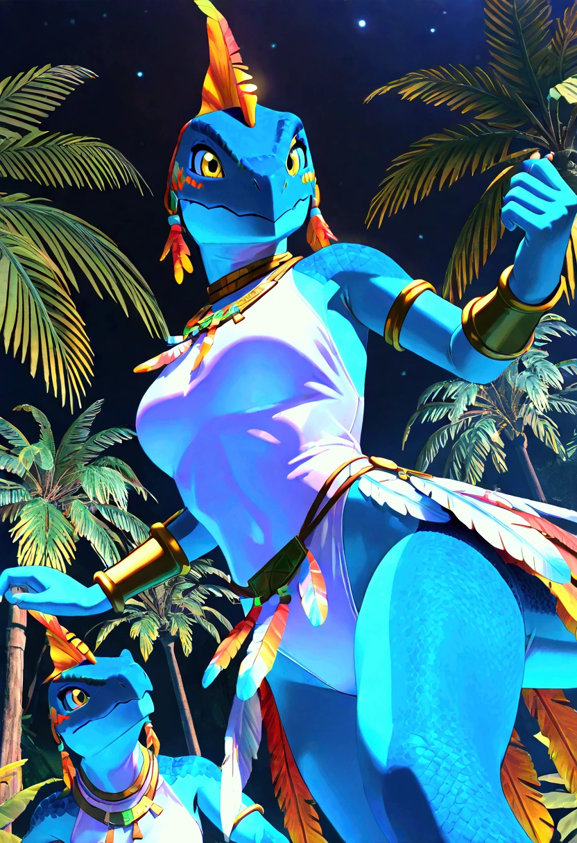 3d , female , SkinkSkirmisher , duo, twins, looking at the viewer seductivly ,scalie ,blue body, blue scales, yellow eyes, simple background, jungle temple background, late night, tropical forest, dense vegetation, wearing edgCarnival, white silver shiny costume with white feathers, one-piece bodysuit, white silver shiny leotard, jewelry, white feather pan headress, white feather skirt, white feathers bracers, close mouth, good hand, dynamic angle, dancing pose, beautiful face, flawless face, detailed eyes, large eyes, beautiful girl, low angle view, dancing, seductive, dancing next to each others, 