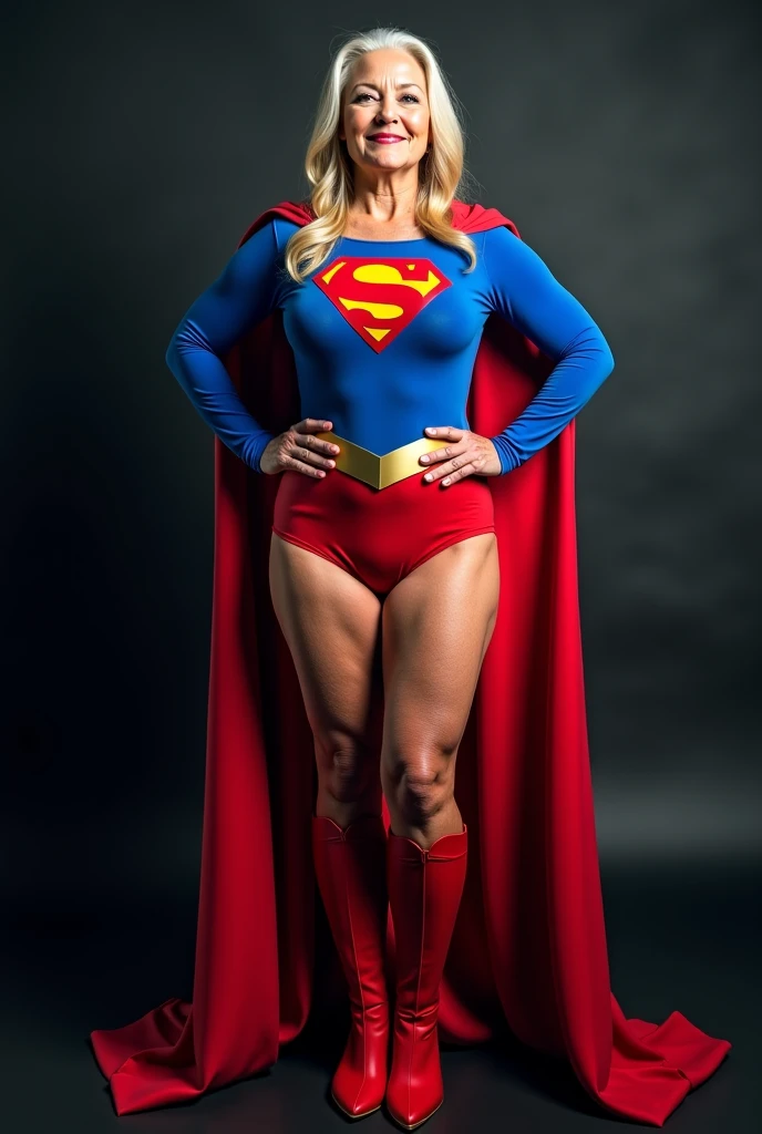 Superstrong Superold Superwoman(((1984s Supergirl costume))) Julie Hagerty naked; big and strong breasts. HD. Photograph, ((realism)), extremely high quality RAW photograph, ultra detailed photograph, sharp focus, high resolution, (detailed skin:1,3),high quality, film grain, Fujifilm XT3,Highly Detailed, movie, (Cinematic Photo:1.3) of (Realistic:1.3)