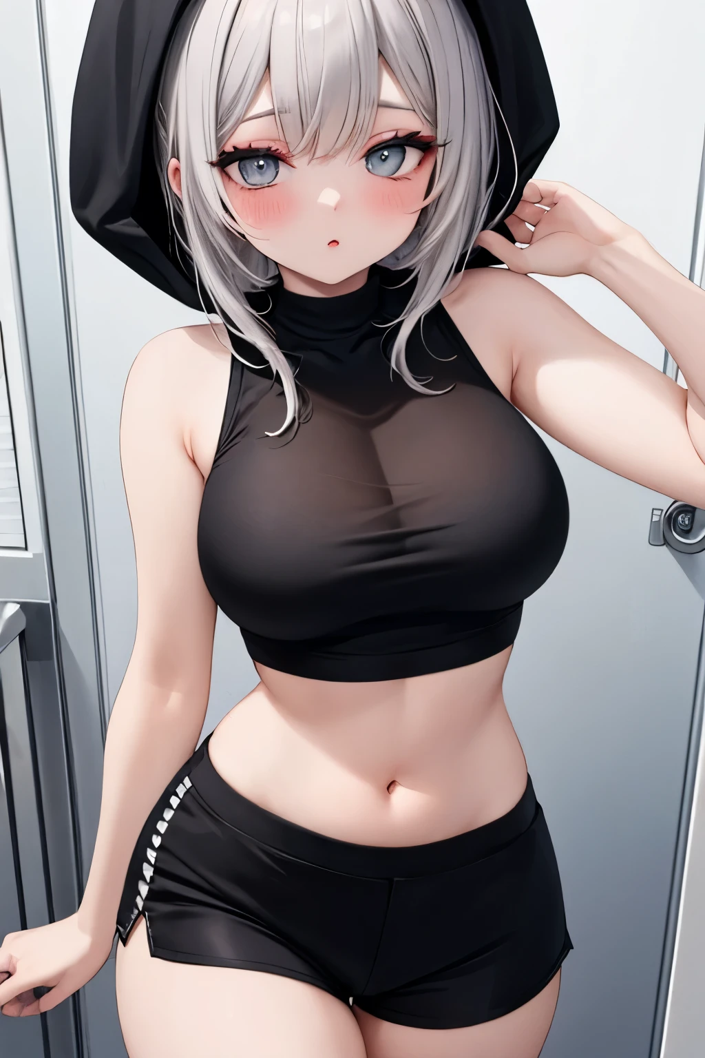 Girl, short white hair, blindfolded, big breasts, exposed stomach, short skirt