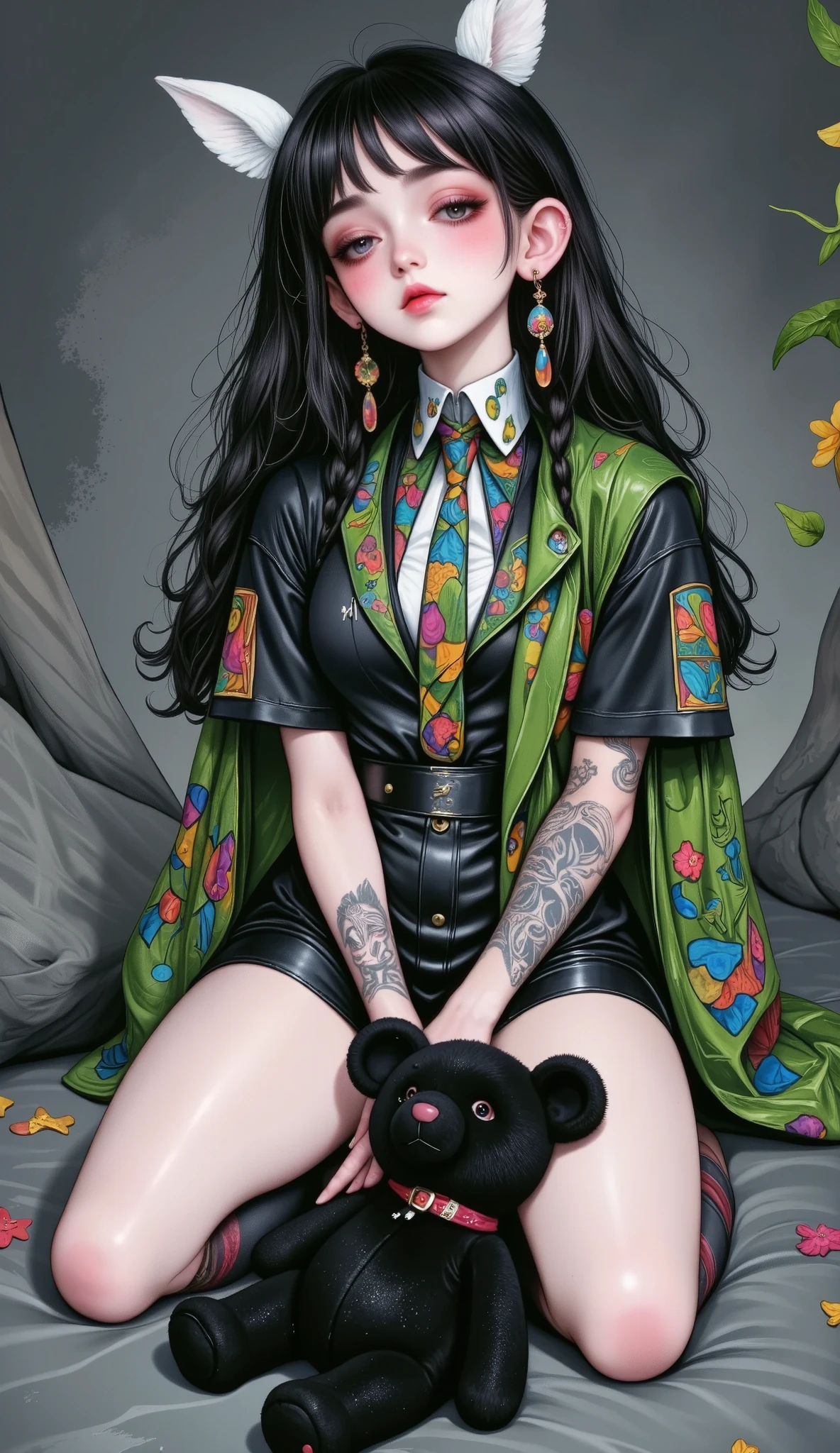 Manga style:1.5, Close-up of a young woman with tattoos on her arms and left cheek, bangs up to her eyebrows , light eyes, her head tilted slightly downwards , looking at the camera , boucles sur les côtés de sa tête , wears long hair with braids Careful , Black hair, boucles d'oreilles dans chaque oreille , elle appuie son menton avec les deux mains , she wears rings , tie suit on the top and shoulders , jupe courte moulante , long black media transparent , bracelets on their hands, has a black teddy bear on her knees , gray background with different brushstrokes , gothic style:1.3, sombre, Your expression is one of sadness , digital art by Hikari Shimoda , dans CGSociety , surréalisme pop , low quality pop surrealism , surréalisme pop low quality art style, Beeple y Jeremiah Ketner, Japanese pop surrealism , Cute kawaii, low quality art, bel art détaillé , illustration in the style of Guweiz , surrealist pop art style