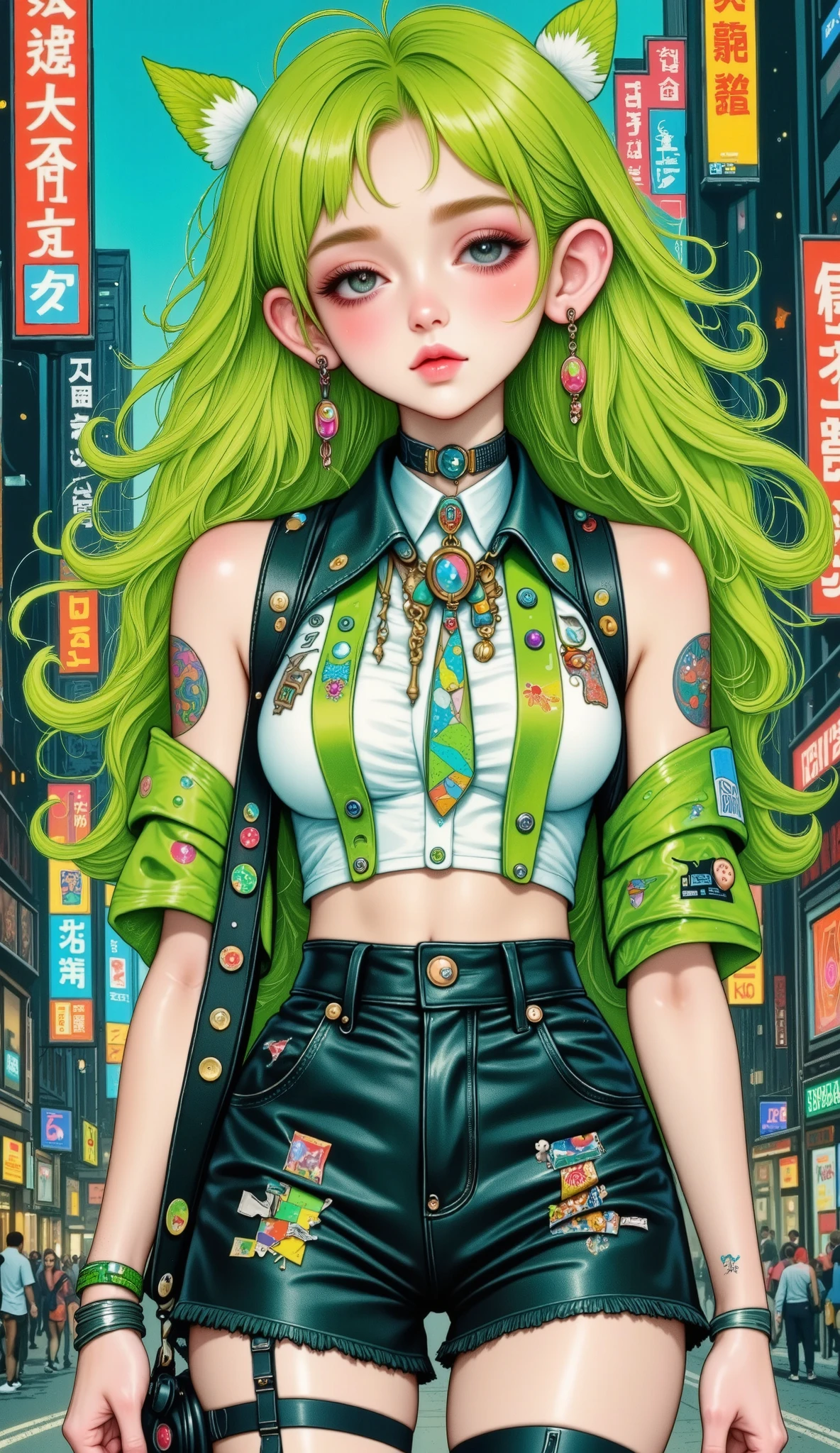   general shot of a person with green hair and headphones,   advanced digital cyberpunk art  , Glitchpunk girl,  hyperrealistic cyberpunk style , In Cyberpunk 2077,  cyberpunk ,  Cyberpunk Digital Art - Anime  ,   work of art in the style of Guweiz, cyberpunk art style, estilo cyberpunk silenciado,  An adolescent biopunk cyborg  , cyberpunk using  