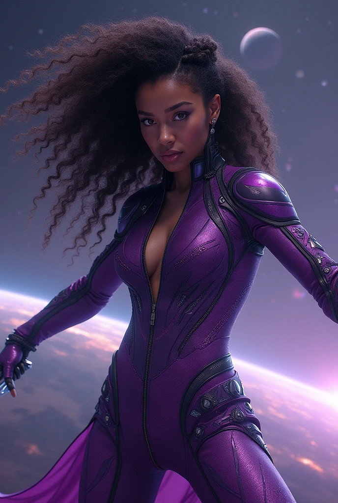 a beautiful black woman with tawny skin, long black hair, wearing a violet suit, floating in space, 5 detailed fingers, high quality, masterpiece, photorealistic, raw photo, depth of field, full body
