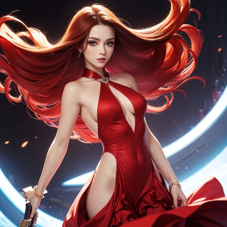 Girl, red dress, gold stripe in the middle of the dress, a shiny gold flower, red hair, blue eyes, and a red lip.