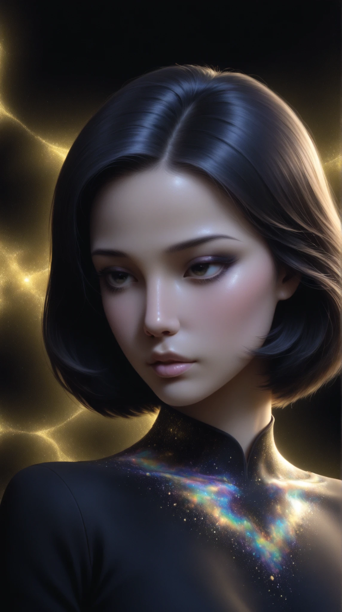 A black woman, 50 years, skin very dark, sparkle in your face, eyes have a entire Galaxy inside, she is covered by universe materials clothes. She have a simple spectacular smile and a halo of Saturn in your head.