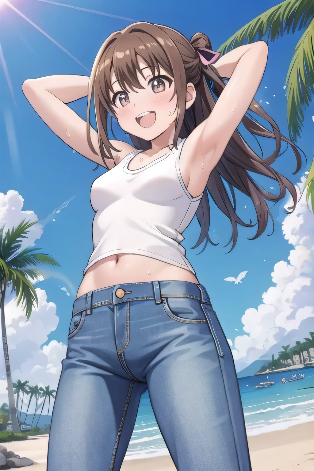 masterpiece,best quality,ultra detail, ((Perfect Face, Perfect Arms, Perfect hands, Perfect Fingers)), 1girl, , peti ((round face, ecstasy, orgasm face, drooping eyes, shame smiling, blush)), dropping eyes, sleepy, background((under the beach, (day:1.2), palm tree, bright sky)), Shimamura Uzuki, long hair, brown hair, wavy hair, one side up, hair bow, brown eyes, medium breasts, arms behind head, contrapposto, spread armpits, ((invisible hands, invisible fingers)), looking at viewer,, (white tank top:1.2), (white crop top:1.2), (jeans pants:1.2, flares jeans:1.2, skinny jeans:1.2, blue jeans:1.2), standing, (legs spread:1.2), sex pose, Sweaty crotch, Steam from the crotch, from below, full medium body