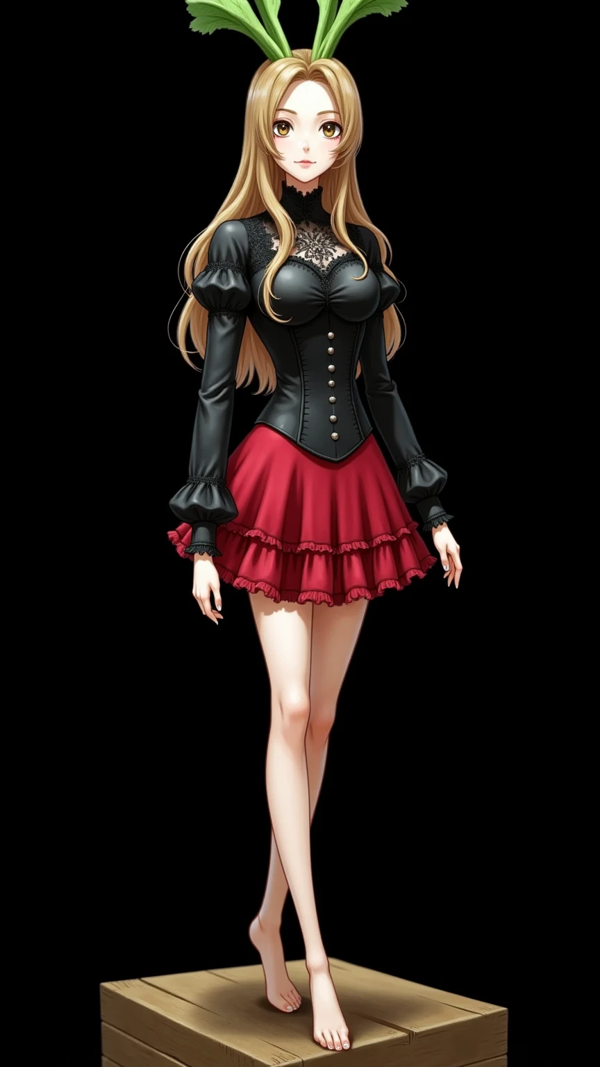 illustration of Daikon lady, focus on the eyes, 1lady, long hair, light brown hair, slim body shape, high contrast, detailed eyes, detailed hair, Position your eyes closer to your nose, 20yo, nari_ko, slight smile, 

Beautiful knees, 
a black blouse with long, 
(lace puff sleeves and silver buttons:1.2), paired with a red bustle skirt, Victorian style, 
a Victorian-era style red bustle skirt with multiple layers of ruffles and a black corset lacing detail at the waist, rich textured fabric, elegant style, Red bustle skirt with short front and long back, 
Radish fields as far as the eye can see, standing on a wooden box placed in a radish field, 
wide angle view:1.3, 