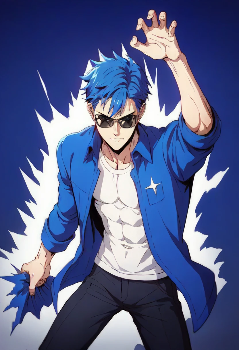 score_9, score_8_up, score_7_up, source_anime, best quality,Anime boy cool pose anime moment,dynamic angle, epic,c,manga background,blue hair,white shirt,blue jacket,epic blue gray sword, sunglasses,black jeans,On the street，standing, smilling,badass,cool,Expression Anime Character Sheet