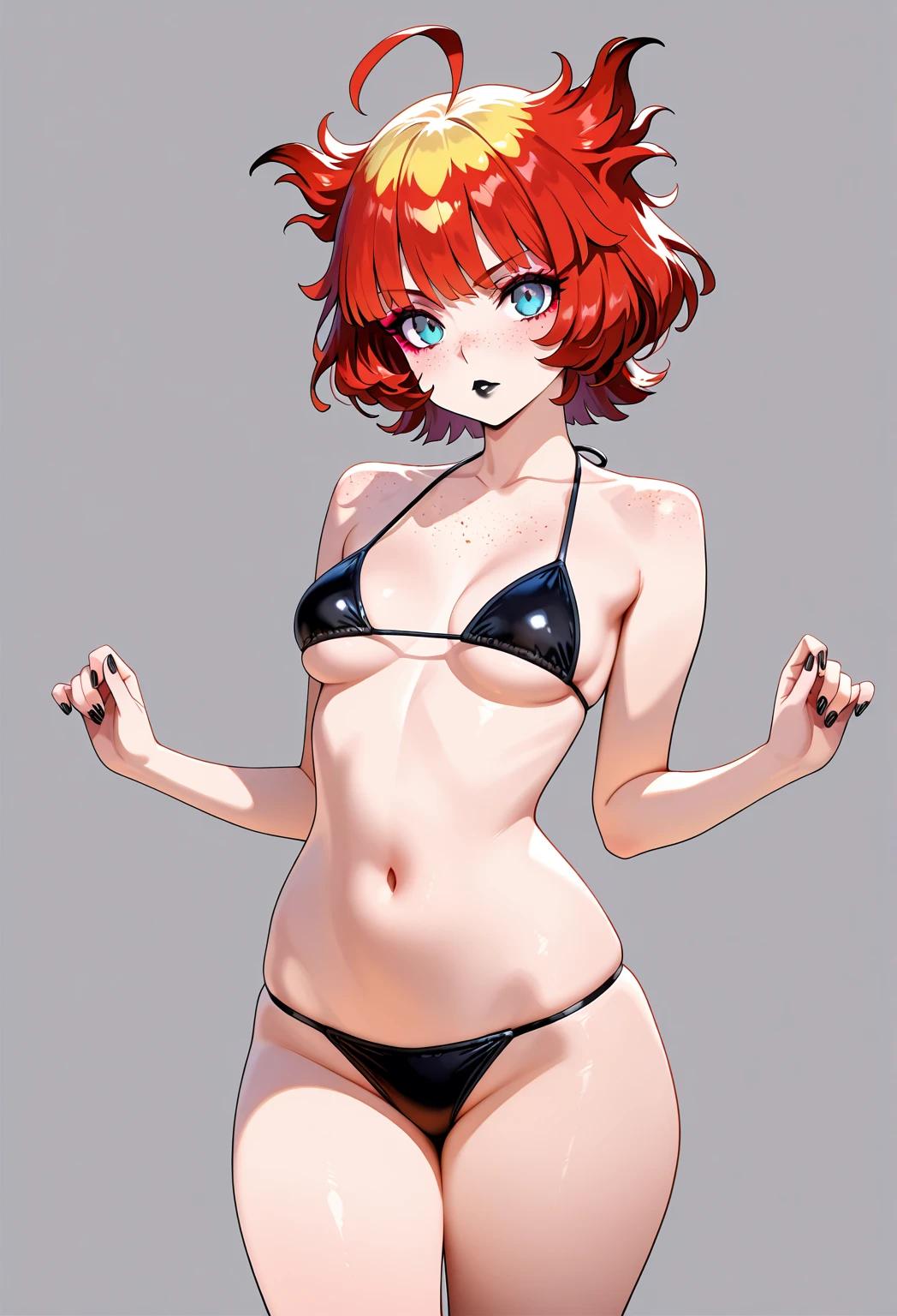 Red-haired girl, marked bikini, cute pose, red eyes, anime style, simple background
