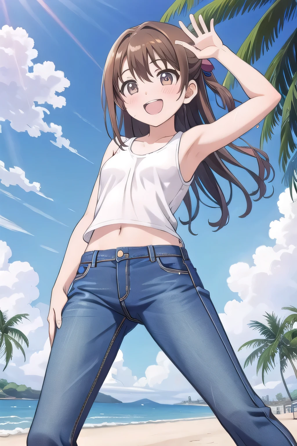 masterpiece,best quality,ultra detail, ((Perfect Face, Perfect Arms, Perfect hands, Perfect Fingers)), 1girl, ****, ***ite, ((round face, ecstasy, orgasm face, drooping eyes, shame smiling, blush)), dropping eyes, sleepy, background((under the beach, (day:1.2), palm tree, bright sky)), Shimamura Uzuki, long hair, brown hair, wavy hair, one side up, hair bow, brown eyes, medium breasts, arms behind head, contrapposto, spread armpits, ((invisible hands, invisible fingers)), looking at viewer,, (white tank top:1.2), (white crop top:1.2), (jeans pants:1.2, flares jeans:1.2, skinny jeans:1.2, blue jeans:1.2), standing, (legs spread:1.2), sex pose, Sweaty crotch, Steam from the crotch, from below, full medium body