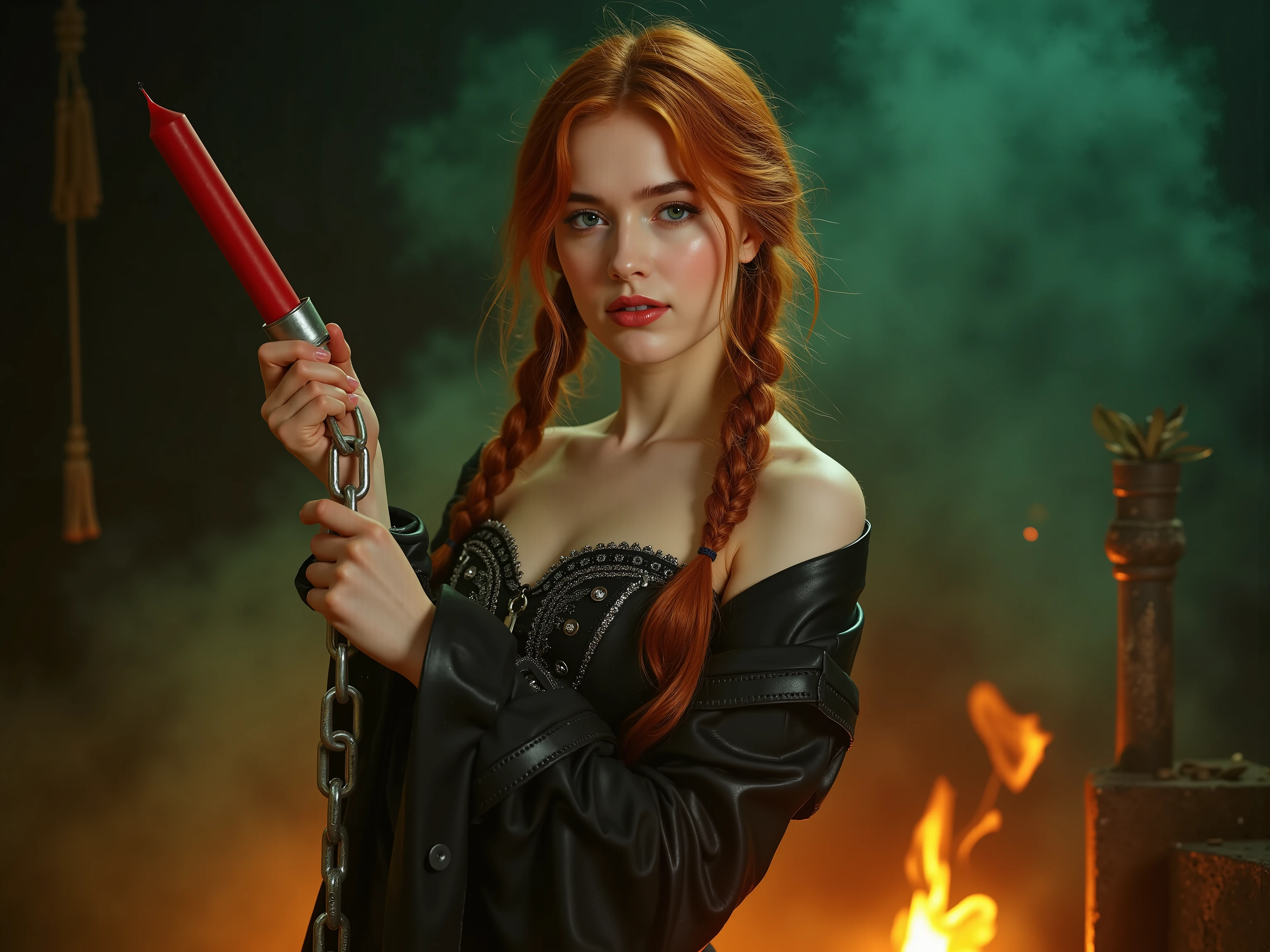 quality:
full body photo of a girl, (((masterpiece, high quality 16K, 32K))), (8k, Ultra-photorealistic :1.3), (vivid colors, cinematic composition, professional photoshoot).
Scene:
A mystical and dramatic environment , interspersed with green and golden smoke , that is shimmering , The background is dark and mysterious . with a touch of imagination and glamor , with subtle highlights , die die Scene verstärken, in her right hand she is holding a silver chain . schaut süß und unterwürfig zur camera
Subject :
Her facial features are delicate and perfectly symmetrical , that sparkles in the light of the fire . dancing flames around the central figure : a small, elegant nose and full , sensual lips, open lips, while focusing Lying completely on the young teenl. Medium-sized breasts, flat stomach, narrow waist, feminine hips, trained ass, thigh crack, red hair, double braids, the hair looks like flames are dancing in it,
Pose:
She stands self-confident and upright , In her right hand she holds a red candle, that make her expression attractive and fascinating . Her gaze is intense , directed directly at the camera , with a touch of imagination and glamor .
Outfit:
A figure-hugging , Shiny black leather corset and a white string thong, a leather leash from here neck to a pillory ore stake on the right side, der ihre Silhouette perfekt umschmeichelt und die Dramatik der Scene verstärkt.
lighting:
that enhances her mystical and dramatic charisma , A breathtakingly beautiful woman with bright blue eyes , surreal atmosphere.
style:
mystical, elegant and powerful , with a touch of imagination and glamor .