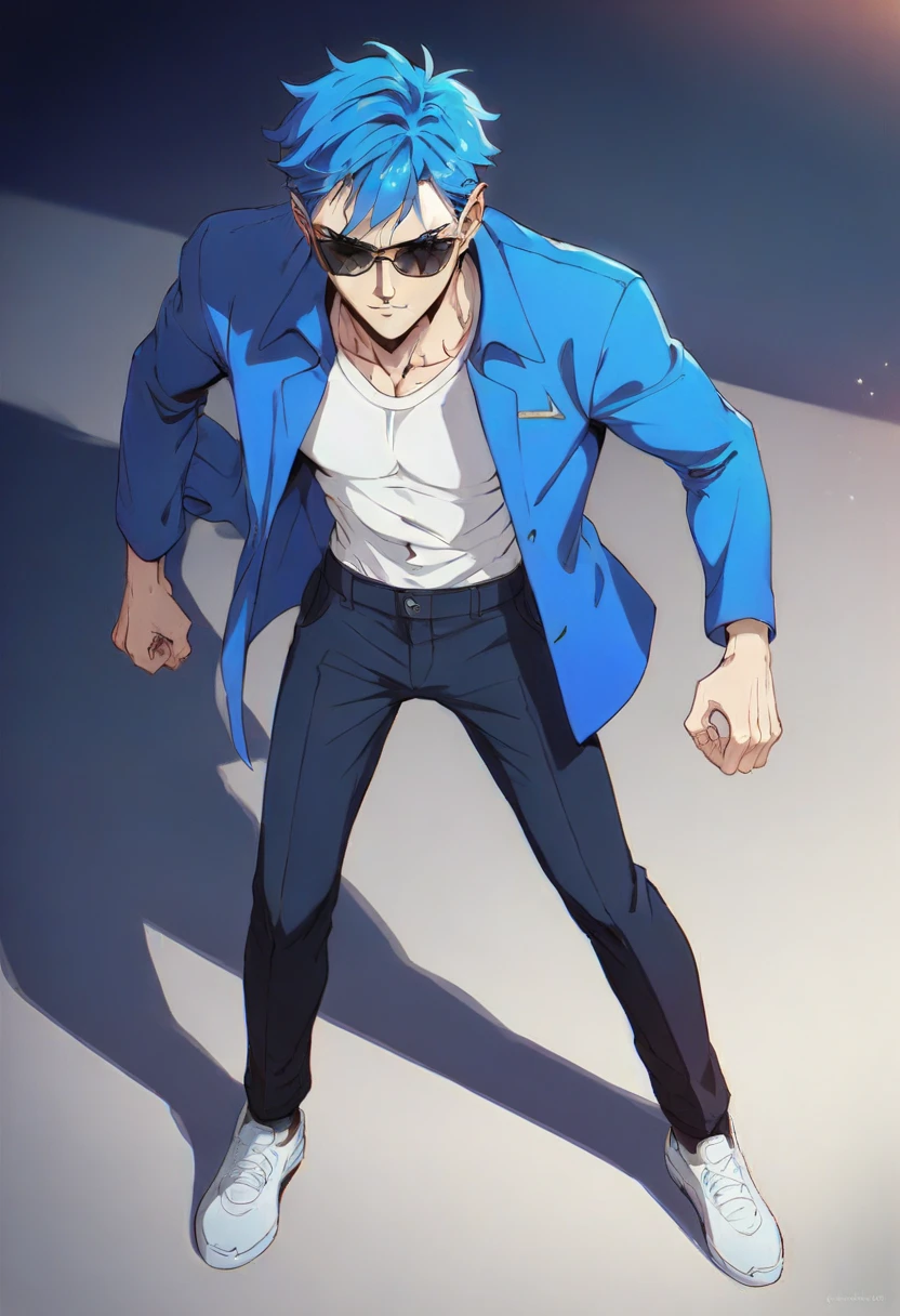 score_9, score_8_up, score_7_up, source_anime, best quality,Anime boy cool pose anime moment,dynamic angle, epic,c,manga background,blue hair,white shirt,blue jacket,epic blue gray sword, sunglasses,black jeans,On the street，standing, smilling,badass,cool,Expression Anime Character Sheet