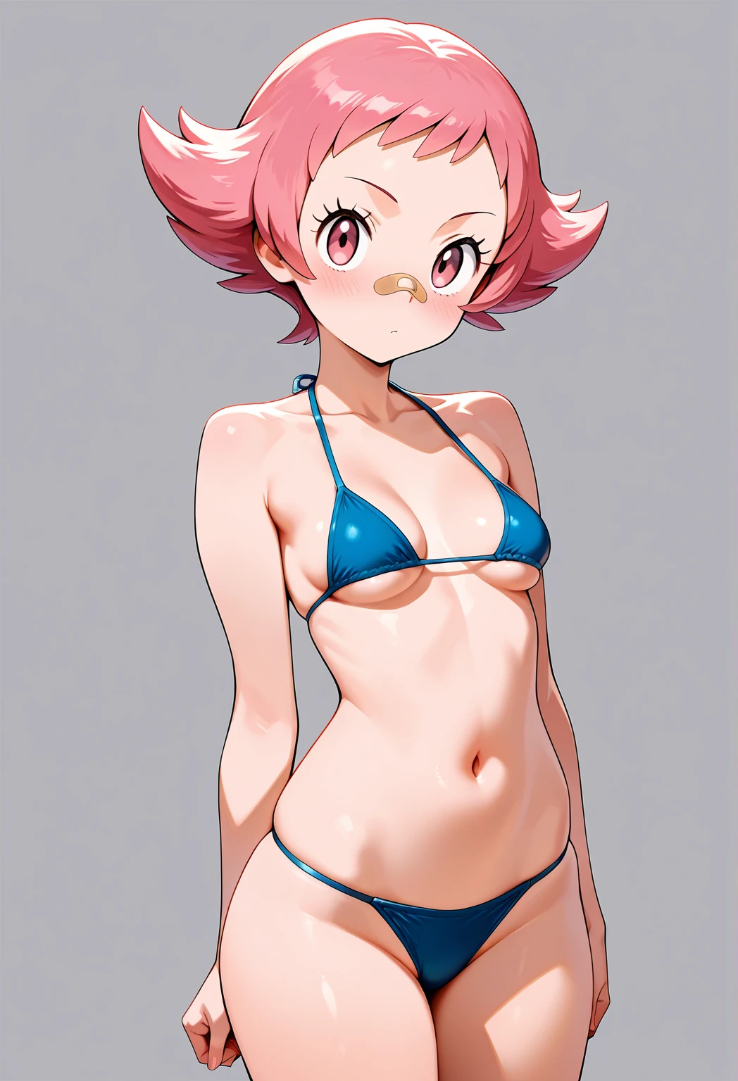there is a cartoon picture of feminine boy with short pink hair, anime moe artstyle, 1 7 - year - old anime, in an anime style, demon femboy, flat anime style, cute, crossdresser, lewd body, curvy, sexy lingerie