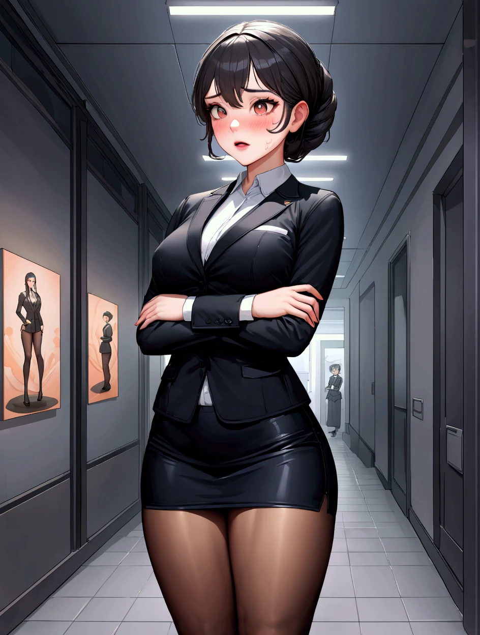 A woman with long black hair, wearing a business outfit consisting of a suit, pencil skirt, and pantyhose, stands in a monochrome setting. The artwork is inspired by manga and incorporates a doujin style. The woman appears to be (wetting herself:1.5), which causes her to feel embarrassed and humiliated, resulting in a blush on her face. In addition, there is an air of anger in her expression. The lighting in the scene is moody, with a spotlight highlighting the woman's figure. She is crossing her arms, (arms crossed:1.5), fully showcasing her skirt., medium breasts. A girl peeing herself. ((Seguro y seguro, Trabajo seguro, sensor de seguridad, Ningún problema, Gratis para ver, Seguridad en el trabajo, seguridad para el trabajo, Linda chica, clear and detailed face (embarrassed, panicking, upturned eyes, full-face blush, open mouth, parted lips:1.3) , Mejores sombras, Colores vibrantes, acuarela, estilo ghibli, Gran angular, Colores vibrantes, acuarela, muslos jugosos, Nalgas redondas, thick thighs, big butt, small sized breast, big dips, small waist, slim arms, brown eyes. BREAK (Correcciones), proporciones corporales perfectas. 3/4 medias blancas, (SFW), photoRealista, obra maestra, (mejor calidad:1.3), absurdo, [:detalles intrincados1.3], SFW, Realista, obra maestra, masterpiece, highest quality, high quality, ultra high quality, depth of field, 4K, high quality, shame level: 1.4, pleasure level: 1.4, cuerpo completo en escena, more environment view, long distance shot, (((detailed scenario, detailed background))), (superplano, sombreado plano, colores planos), (obra maestra, mejor calidad)* (mejor calidad,alta resolución), arte de pixel, colores vibrantes, Atmósfera nostálgica, Jugabilidad inmersiva, gráficos de 16 bits, controles perfectos de píxeles, pixel art. cuerpo completo en escena, (SFW), ((photoRealista)), (obra maestra), (mejor calidad:1.3), absurdo, [:detalles intrincados1.3], SFW, Realista, obra maestra
