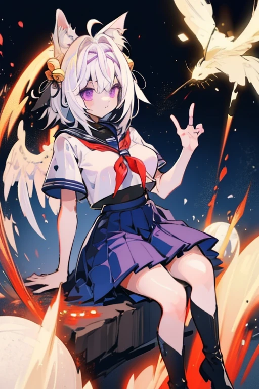 Filian, white hair, purple eyes, blue seifuku, short sleeves, black stockings, boots, large breasts, hair bell, hairband, ahoge, animal ears, tail