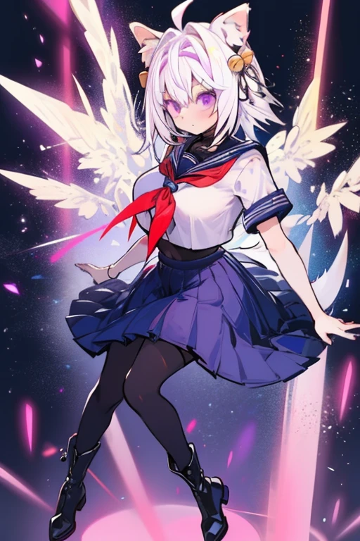 Filian, white hair, purple eyes, blue seifuku, short sleeves, black stockings, boots, large breasts, hair bell, hairband, ahoge, animal ears, tail