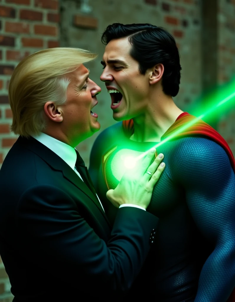 Trump approached Superman with a fluorescent green gem. Superman screamed in pain. Trump US President is very happy. US President Trump kisses Superman's neck
muscular Superman, Tyler Hoechlin, closed eyes, brick wall, green energy beams, arms outstretched, anguished scream, detailed face, highly detailed muscles, cinematic lighting, dramatic composition, moody color grading, vibrant colors, realistic rendering, photorealistic, 8k, HDR, cinematic, epic, dramatic, powerful, heroic, intense, emotional 

