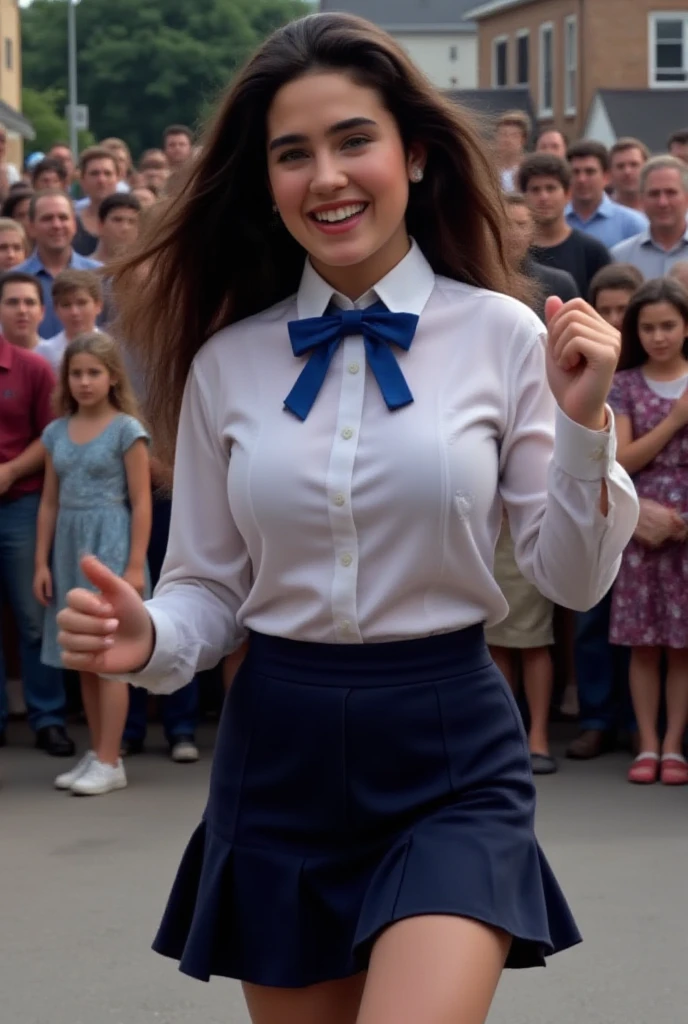 (masterpiece, best quality:1.2), from the front, a beautiful girl, (Jennifer Connelly at age 16), pure innocent face, whole body photo, she is enjoying dancing with joy., a dynamic photo, she wears in a dark blue school uniform and skirt and white shirt with a vivid blue bow tie., her tall  and beautifully feminine body line is accentuated., healthy muscular beauty, very dymanic photo, her dark long hair is flowing., her vivid body,  ANATOMICALLY CORRECT , crowds of her fans in background.,