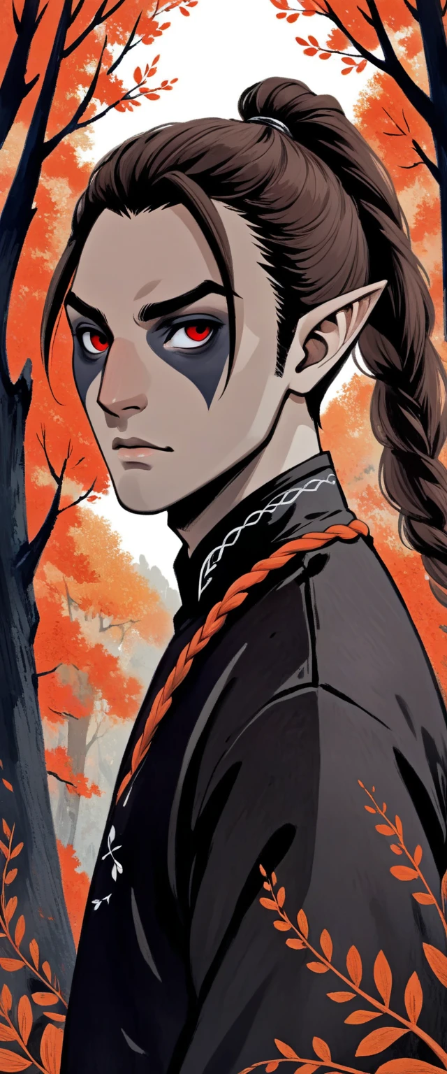 2D ART, hyper detailed gouache painting, illustration, gougoupaintleaves style, portrait of a man, 1boy, solo, long_hair, braided brown hair, high_ponytail_hairstyle, male_drow:1.5, dark elf, black eyes, black_sclera, detailed face, handsome features, dark medieval tunic, pointy ears, standing in a dark forest, pov from_below, frontal full body shot, on simple white background, full body shot, very detailed, ren's picture books, dumner