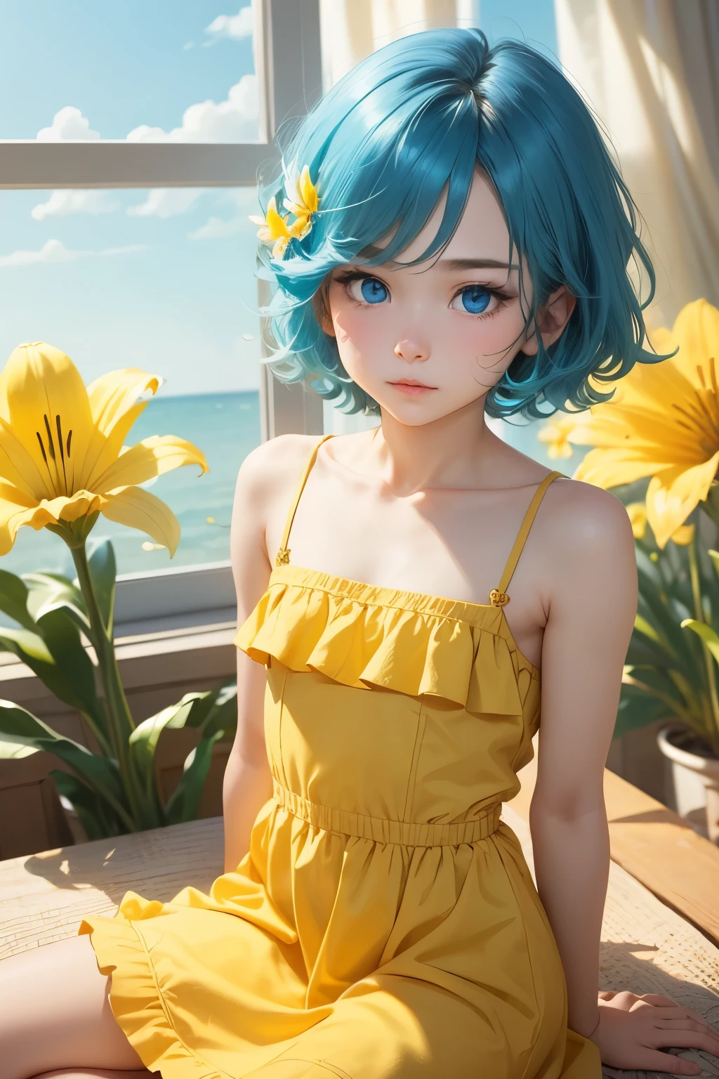 Femboy, otoko no ko, blue aqua hair, short hair, flat chest, sexy body, cute face, Shy face, blue eyes, frilled dress, short dress, yellow dress, Lily flower background frame 