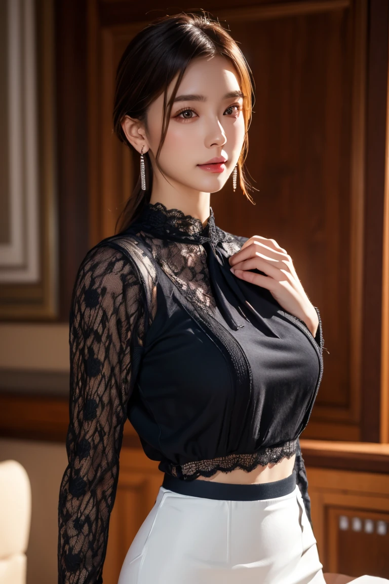 (Realistic、High resolution:1.3),alone, One Girl, masterpiece, highest quality, Very detailed, Cinema Lighting, Intricate details, High resolution, Official Art, Beautifully detailed face and eyes, High resolutionのイラスト, 8k, (Short Chignon Hair), Ash Brown Hair:1.3, Very thin body, ((Satin long skirt、Black lace :1.3)) 、Single Blade, blue eyes, Glasses, Conceit, Sit on a chair, Upper Body, Big Breasts, Book_stack, library, ((vine)), Looking at the audience