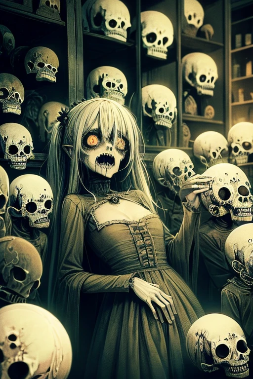 (master piece),Grand Guignols-style doll workshop、(((one zombie girl))), Countless grotesque dolls on shelves、 in classic dress、 I'm holding a disgusting doll、 skeletons, undead, nightmare world
