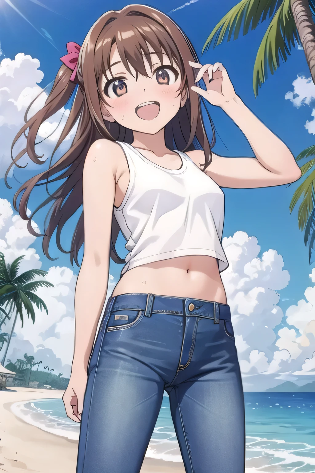 masterpiece,best quality,ultra detail, ((Perfect Face, Perfect Arms, Perfect hands, Perfect Fingers)), 1girl, , peti ((round face, ecstasy, orgasm face, drooping eyes, shame smiling, blush)), dropping eyes, sleepy, background((under the beach, (day:1.2), palm tree, bright sky)), Shimamura Uzuki, long hair, brown hair, wavy hair, one side up, hair bow, brown eyes, medium breasts, arms behind head, contrapposto, spread armpits, ((invisible hands, invisible fingers)), looking at viewer,, (white tank top:1.2), (white crop top:1.2), (jeans pants:1.2, flares jeans:1.2, skinny jeans:1.2, blue jeans:1.2), standing, (legs spread:1.2), sex pose, Sweaty crotch, Steam from the crotch, from below, full medium body