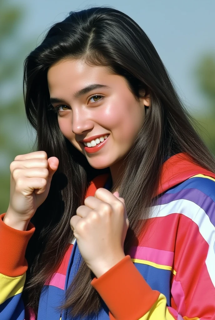 (masterpiece, best quality:1.3), 1girl, Alone, 
she wear in colorful hoodie.,
young Jennifer Connelly at age 15, 
with cute face yet with precocious female body,
no make up,
her succulent healthy skin bauty emphasized.,
plump cheeks, 
scooped nose arched high with a turned-up tip,
plump blreasts, broad shoulders, 
shiny long dark hair fluttering,
she is making a fist pumping pose.,
she smiling triumphantly.,
under bright natural light illuminating on her face,