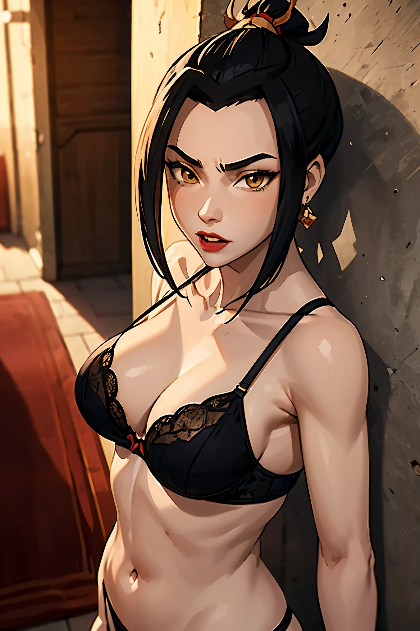 ( masterpiece), better quality, expressive eyes, Perfect face, azula from avatar , partially nude red lipstick , female figure ,underwear in black lingerie, Beautiful eyes , golden eyes , Backlight 4k , on the street , beautiful and sexy body , posing near the wall , pose sensual,
