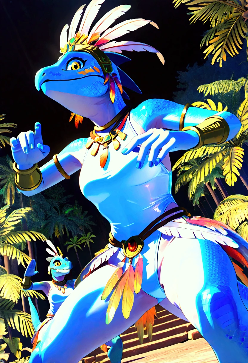 3d , female , SkinkSkirmisher , duo, twins, looking at the viewer seductivly ,scalie ,blue body, blue scales, yellow eyes, simple background, jungle temple background, late night, tropical forest, dense vegetation, wearing edgCarnival, white silver shiny costume with white feathers, one-piece bodysuit, white silver shiny leotard, jewelry, white feather pan headress, white feather skirt, white feathers bracers, close mouth, good hand, dynamic angle, dancing pose, beautiful face, flawless face, detailed eyes, large eyes, beautiful girl, low angle view, dancing, seductive, dancing next to each others on the same plan, 