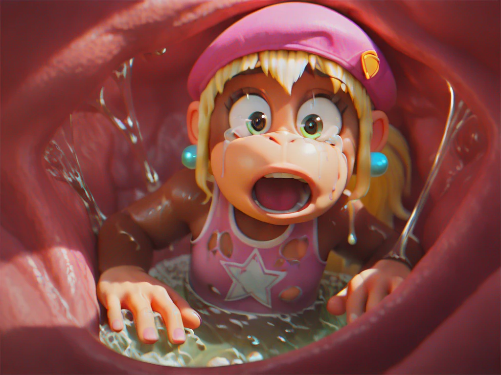 (Better detail),(High Quality of image),(HD), Young girl doing squats with spread legs, open mouth blowing big black thing, pleasure expression, she dressed only the top (visible tiny nipples), pissing, is possible to see all her realistic short body flat form, from the front angle, full of light, 