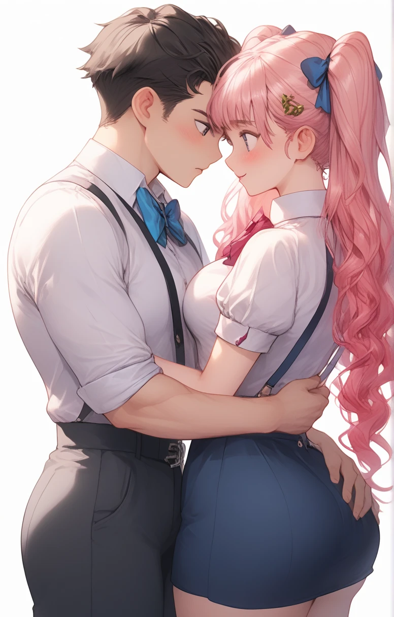 masterpiece (((One man))) One girl (((men and women))) Pink hair Long hair Green eyes Huge breasts (Big nipples) NSFW  (orgasm) (Heart Eyes) ((A man fondles a woman&#39;s breasts from behind)) ((Grabbing breasts)) Uniform Blazer  ((Deep Kiss))