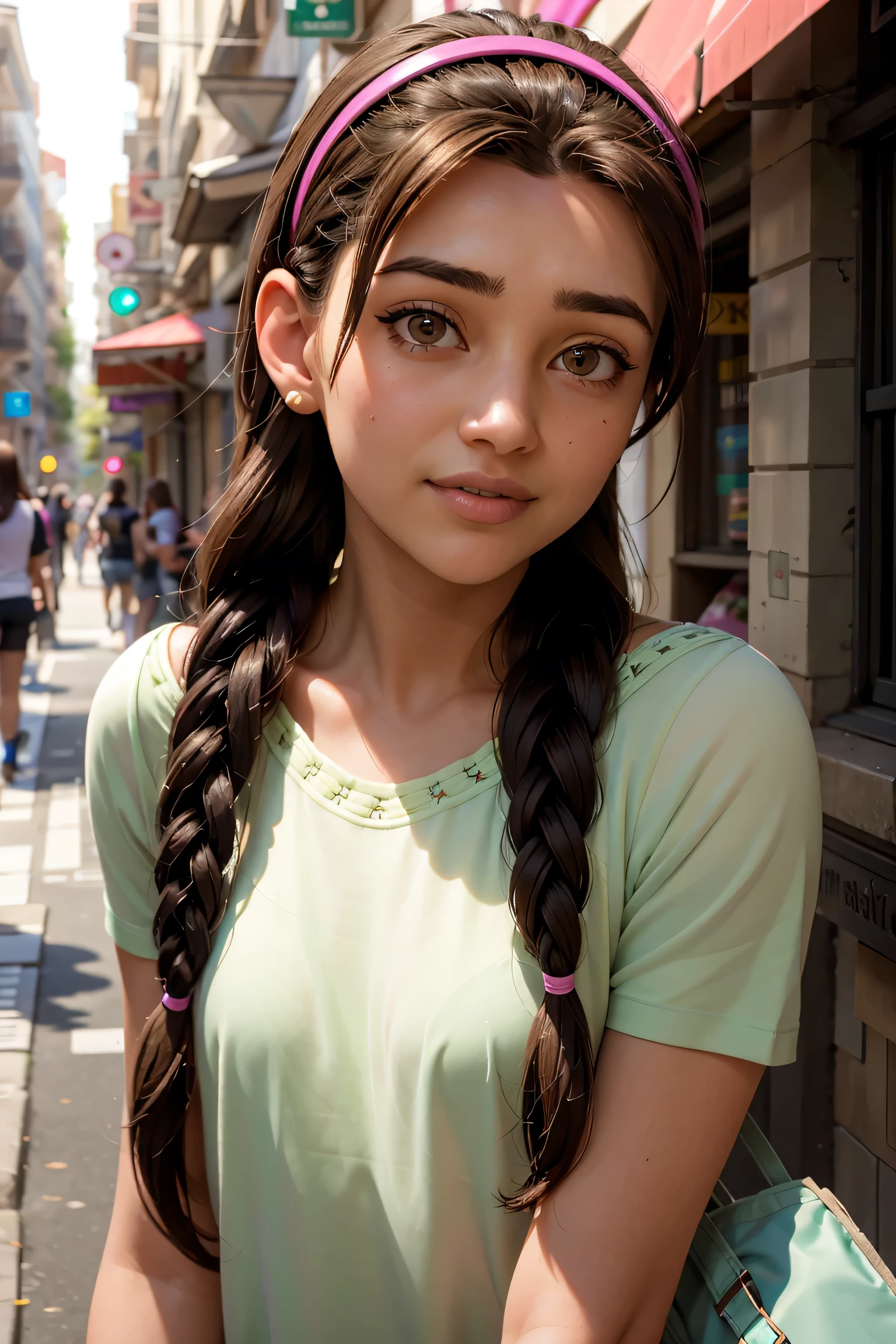 An impressive and intricate full color portrait, Ultra-HD a girl, brown hair with 2 braids, brown eyes, pink headband, detailed face, dressed in a light green t-shirt with embroidery on the neck, no logos, epic character composition, alessio albi, nina masic, sharp focus, natural lighting, subsurface dispersion, f2, 35mm, gentle smile