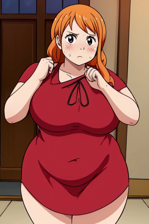 Nami from One Piece, long orange ponytail hair, happy expression, blushing cheeks, ((( massive plump belly))), thick plump thighs, (((both eyebrows raised))), naval , The art style should resemble a captivating anime style. The character is very pleased and content and their facial expression is one of bliss and pleasure

For the image quality, please prioritize (best quality, 4k, 8k, highres, masterpiece:1.2), ultra-detailed, and (realistic, photorealistic, photo-realistic:1.37) rendering. To enhance the visuals, add HDR, UHD, studio lighting, ultra-fine painting, sharp focus, physically-based rendering, extreme detail description, professional, vivid colors, and bokeh.
