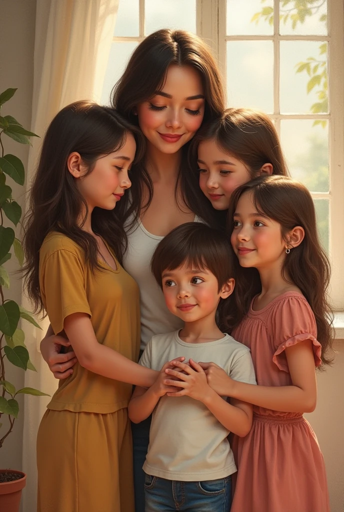(photorealism:1.2), beautiful Asia woman ,and Asia kids sitting in playground, wearing loose off-shoulder top, pajama pants, long hair, Outdoors, soft lighting, plants in background, window with sunlight, relaxed pose, realistic, intricate details, warm colors size 800x1024px