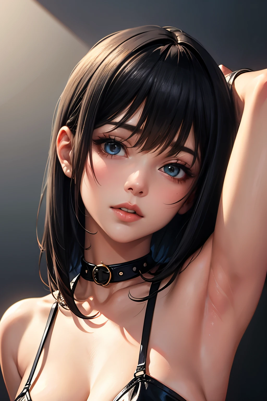 One person, solo, High resolution, chest, smile, bangs, Black Hair, Simple Background, earphone, Highest quality, Bob Hair, 大きなchest, blue eyes, Shortcuts, Close your mouth, bra