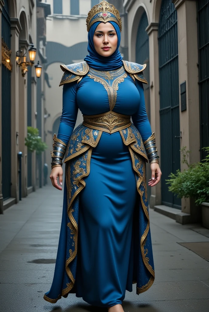 a malay woman in hijab and a blue dress, realistic Art Station, hard raining scene, Detailed Fantasy Art, Stunning Character Art, beautiful Exquisite Character Art, Beautiful black Armor, Extremely Detailed, blue armor Girl, Exquisite Intricate Headdress and Jewelry, whole body capture