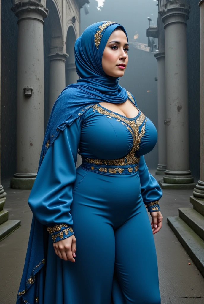 a malay woman in hijab and a blue dress, realistic Art Station, hard raining scene, Detailed Fantasy Art, Stunning Character Art, beautiful Exquisite Character Art, Beautiful black Armor, Extremely Detailed, blue armor Girl, Exquisite Intricate Headdress and Jewelry, whole body capture