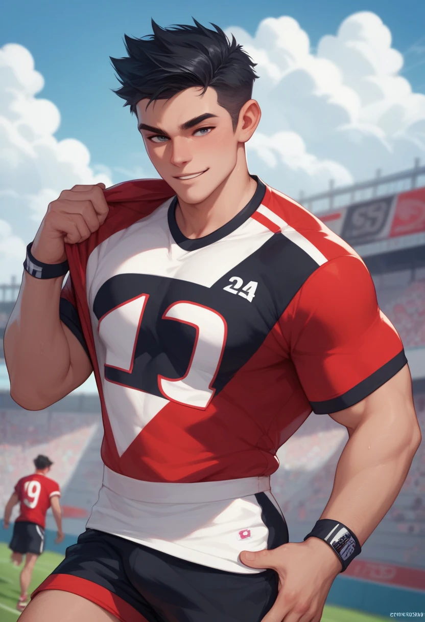 1boys，athlete，sport，detailedbackground，stadio，peeping at the viewer，cheer