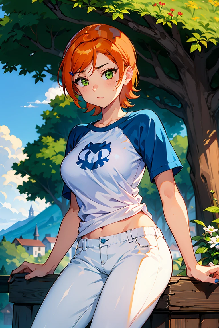 A stunning and intricate full color portrait in Ultra-HD,  girl, short orange hair, held in place by a blue hairpin and wearing sapphire earrings, green eyes, detailed face, wearing a blue and white raglan shirt, logo of a simple blue cat face, white pants, epic character composition, alessio albi, nina masic, sharp focus, natural lighting, subsurface dispersion, f2, 35mm, huge breasts