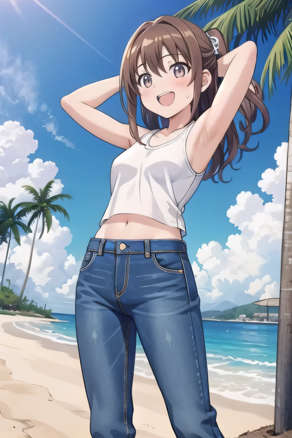 masterpiece,best quality,ultra detail, 1girl, yo, pee, ((round face, ecstasy, orgasm face, drooping eyes, shame smiling, blush)), dropping eyes, sleepy, background((under the beach, (day:1.2), palm tree, bright sky)), Shimamura Uzuki, long hair, brown hair, wavy hair, one side up, hair bow, brown eyes, medium breasts, ((arms behind head)), contrapposto, spread armpits, ((invisible hands, invisible fingers)), looking at viewer,, (white tank top:1.2), (white crop top:1.2), (jeans pants:1.2, flares jeans:1.2, skinny jeans:1.2, blue jeans:1.2), standing, (legs spread:1.2), sex pose, Sweaty crotch, Steam from the crotch, from below, full medium body