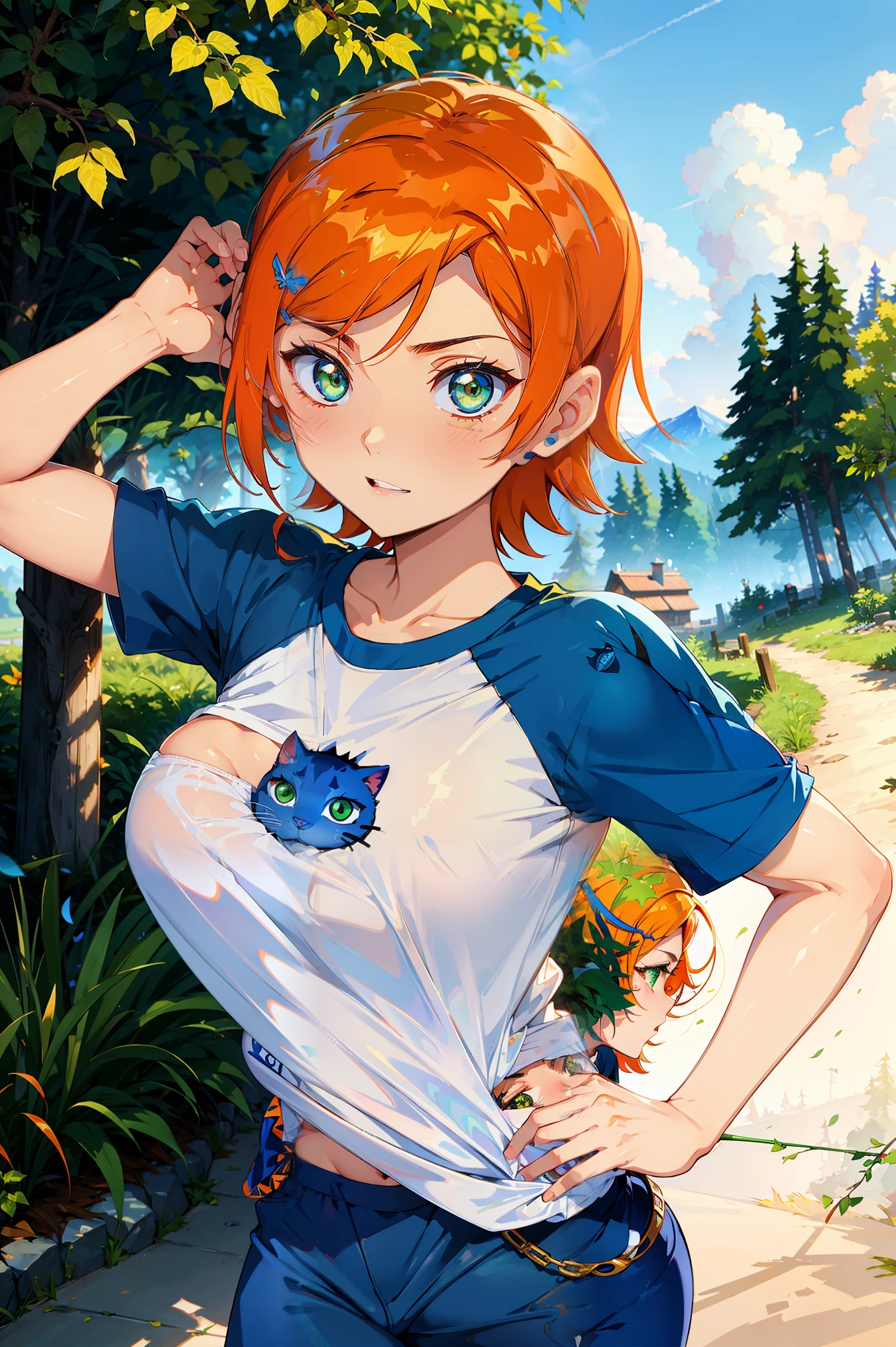 A stunning and intricate full color portrait in Ultra-HD,  girl, short orange hair, held in place by a blue hairpin and wearing sapphire earrings, green eyes, detailed face, wearing a blue and white raglan shirt, logo of a simple blue cat face, white pants, epic character composition, alessio albi, nina masic, sharp focus, natural lighting, subsurface dispersion, f2, 35mm, huge breasts