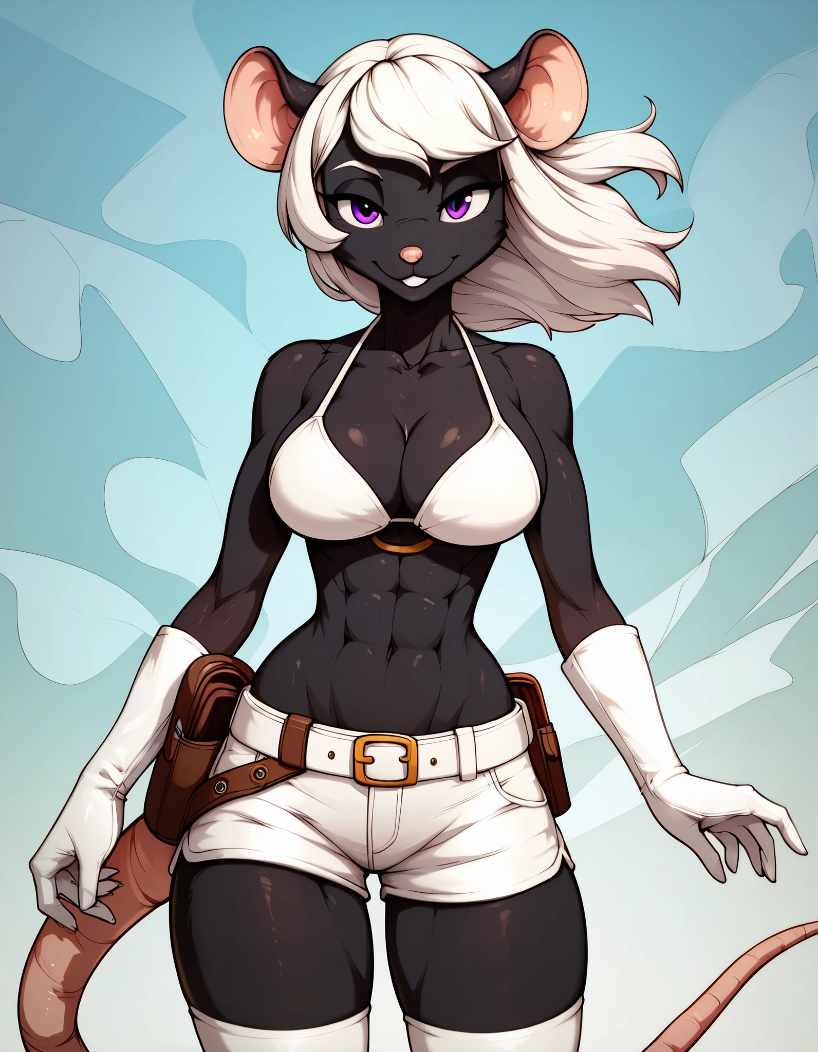 score_9, score_8_up, score_7_up, score_6_up, sfw, anthro, solo focus, adult, (female anthro black rat:1.4), (all black body:1.3), purple eyes, (white hair:1.5), (windswept choppy bob hairstyle:1.4), (white leather bikini top:1.3), (white booty shorts:1.3), (white stockings:1.3), (white long gloves:1.3), belt holster, cleavage, exposed thighs, (exposed midriff:1.2), curvy body, athletic physique, defined abs, big breasts, (thick thighs, wide hips:1.2), looking at viewer, confident smile, abstract background