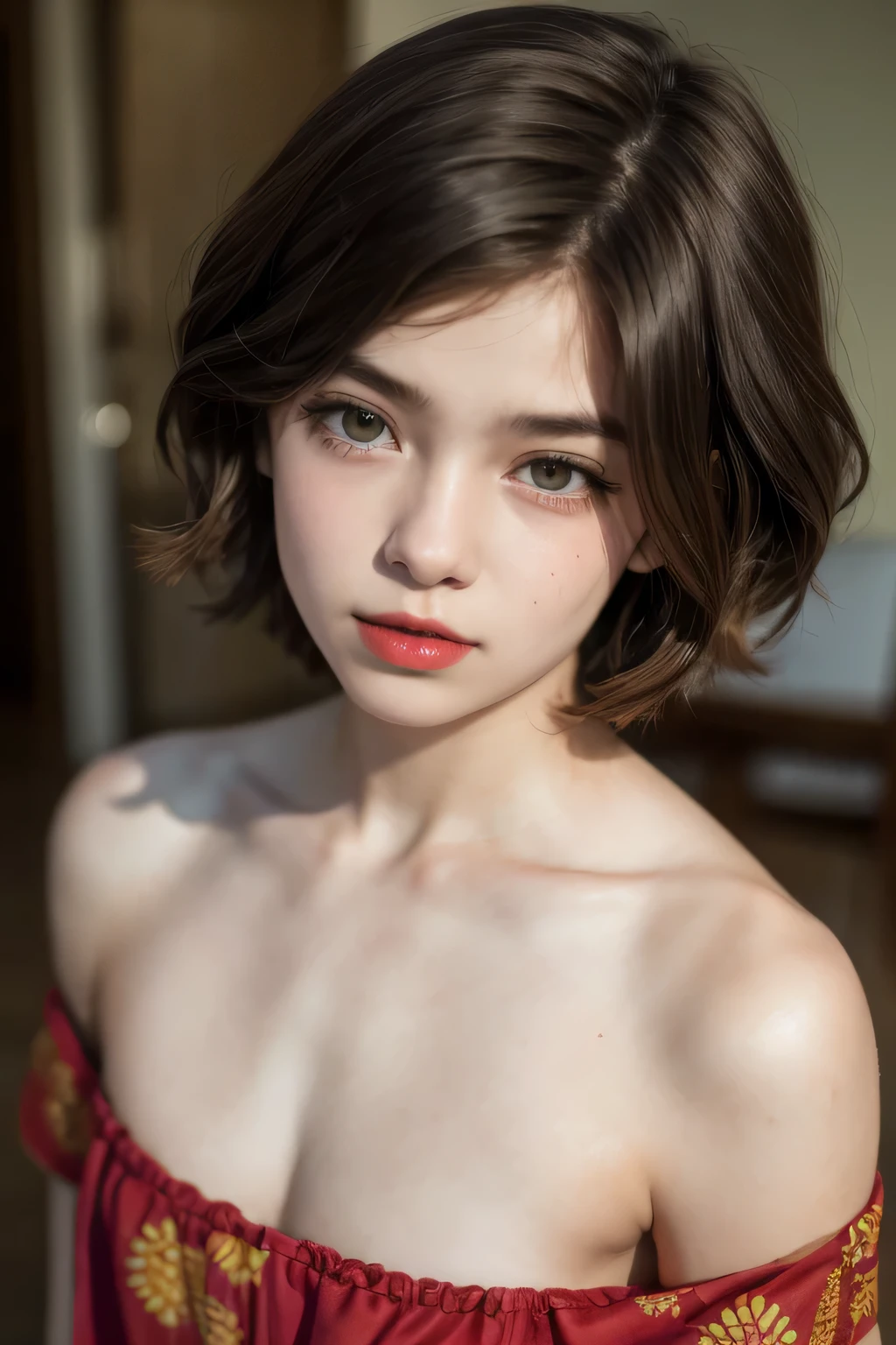 Little cute Femboy berambut very Shorthaircut bogel, half body portrait. Highly detailed quality, naked flat breasts. thick (nipples thick:0.050), kain batik sarong & strapless bra, (red lipstick)