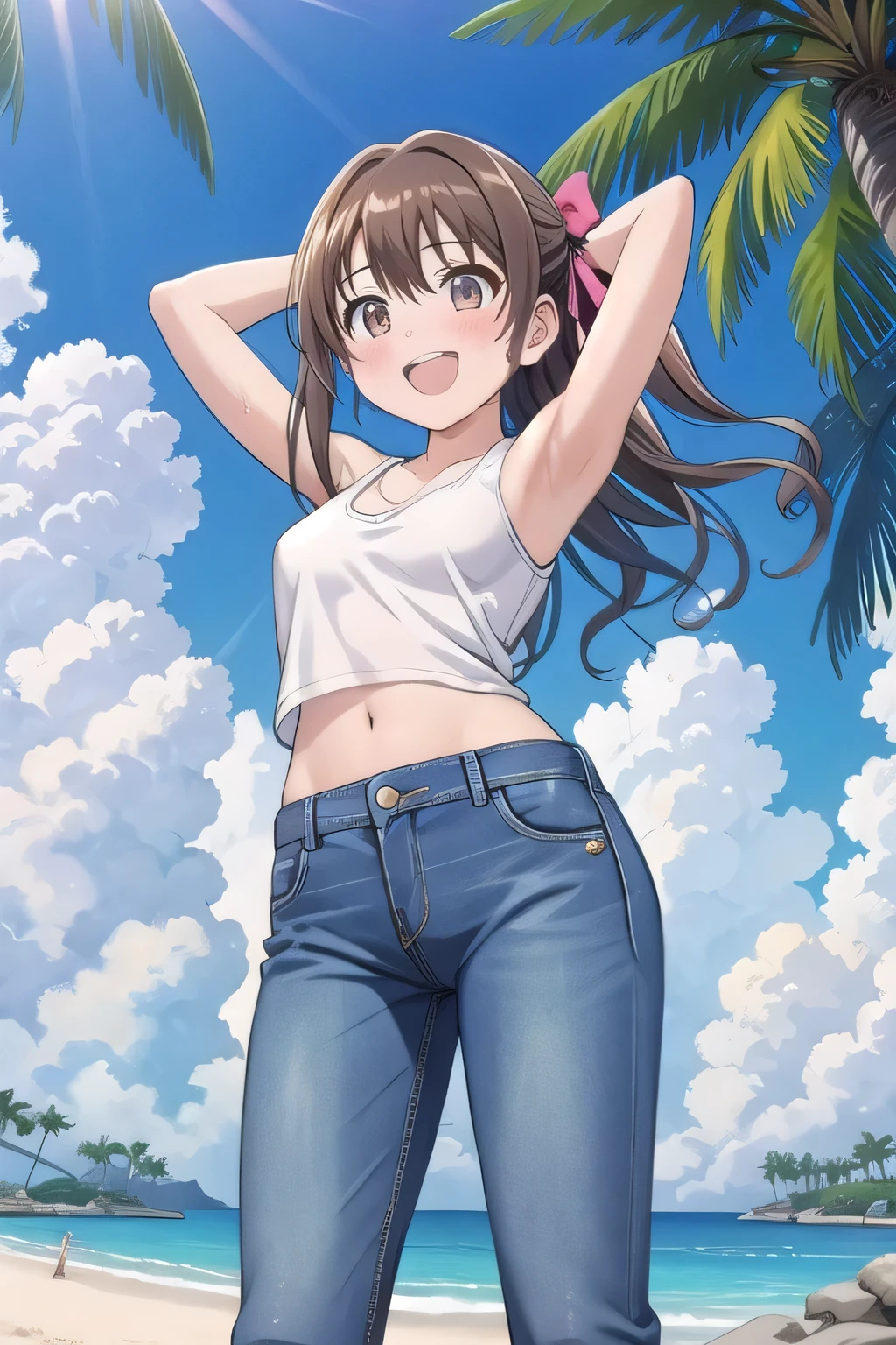 masterpiece,best quality,ultra detail, 1girl, yo, pee, ((round face, ecstasy, orgasm face, drooping eyes, shame smiling, blush)), dropping eyes, sleepy, background((under the beach, (day:1.2), palm tree, bright sky)), Shimamura Uzuki, long hair, brown hair, wavy hair, one side up, hair bow, brown eyes, medium breasts, ((arms behind head)), contrapposto, spread armpits, ((invisible hands, invisible fingers)), looking at viewer,, (white tank top:1.2), (white crop top:1.2), (jeans pants:1.2, flares jeans:1.2, skinny jeans:1.2, blue jeans:1.2), standing, (legs spread:1.2), sex pose, Sweaty crotch, Steam from the crotch, from below, full medium body