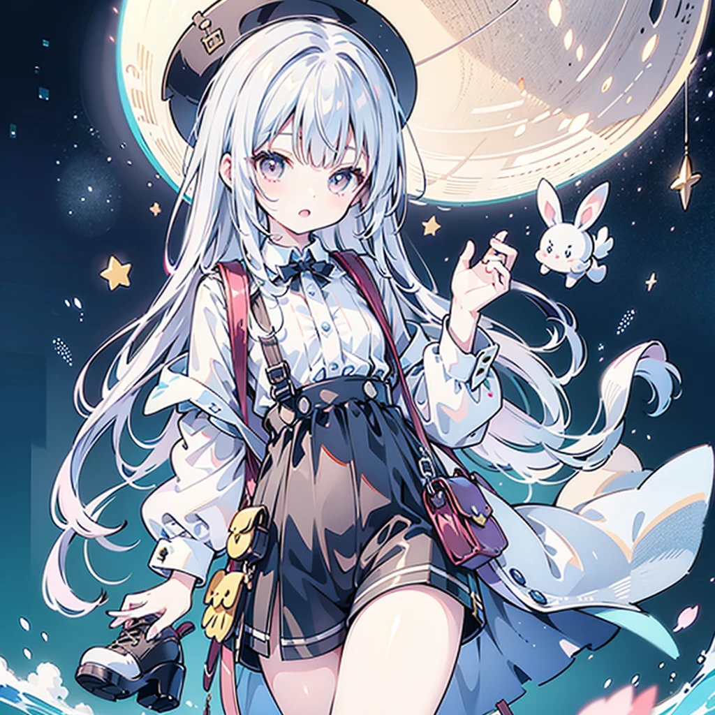 A cute character loved by everyone、vtubermodel,hat/ small silk hat、 upper body/ Off Shoulder Wide Long Cuffs 、Lower Body/ Shorts with Suspenders、shoes/ thick soled long boots、belt/ Star Shaped Waist Pouch 、bag/Rabbit Shaped Backpack 、