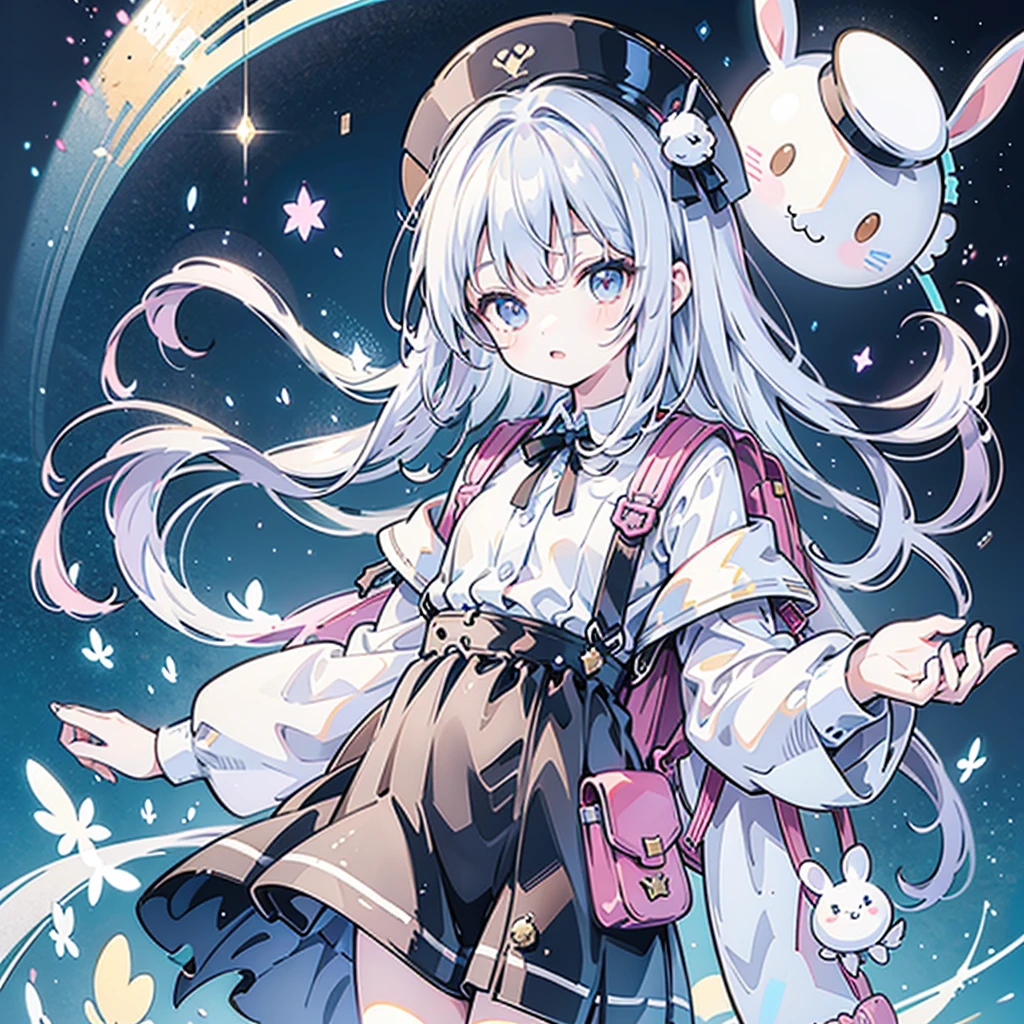 A cute character loved by everyone、vtubermodel,hat/ small silk hat、 upper body/ Off Shoulder Wide Long Cuffs 、Lower Body/ Shorts with Suspenders、shoes/ thick soled long boots、belt/ Star Shaped Waist Pouch 、bag/Rabbit Shaped Backpack 、