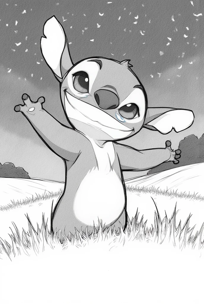 A black and white pencil drawing shows Disney's Stitch standing in the field, with his arms raised towards the starry sky, as if he were trying to reach the stars. Your smile is soft, but cheio de emoção, e lágribut caem silenciosamente de seus olhos. His expression mixes happiness and melancholy, as if he were reaching for something, although distant, still connecting him with the feelings he cannot let go of.

A luz suave da lua ilumina seu rosto e as lágribut, highlighting the fragility and intensity of the moment. The stars in the sky shine brightly, but,  ao mesmo tempo , seem unattainable, reflecting Stitch's feeling of Disney of wanting to achieve something that is beyond your reach, but que ainda é profundamente significativo para ele.

The countryside around him is quiet and serene, but o gesto de Stitch da Disney, with his arms outstretched and his gaze fixed on the stars, conveys a deep longing and a search for something he feels is important, even though that something seems unattainable. O contraste entre o sorriso e as lágribut mostra a beleza complexa do momento, where pain and hope coexist.