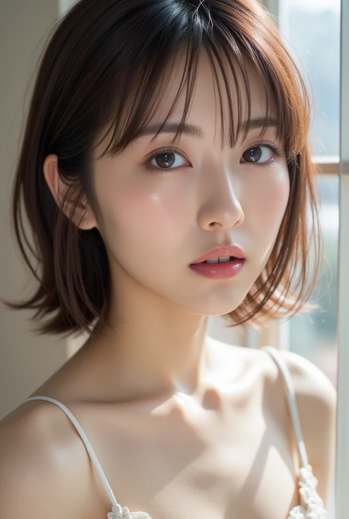 (highest quality,8K quality,masterpiece:1.3,),(超A high resolution:1.3,Photorealistic:1.4,Raw photo:1.2),(Ultra-detailed:1.2,Glowing Skin,Detailed skin:1.1),(Detailed face,Perfect Anatomy,Caustics:1.2), (Symmetrical eyes:1.3),1 girl,cute,Japanese,22 years old,Japanese Ido,Natural brown hair,Short hair curled outwards,cute目,Natural Makeup,Laughter,Looking at the camera,On the face,Face Focus,Street Corner,Professional Writing,Natural soft light,Completely ,NSFW,Completely naked