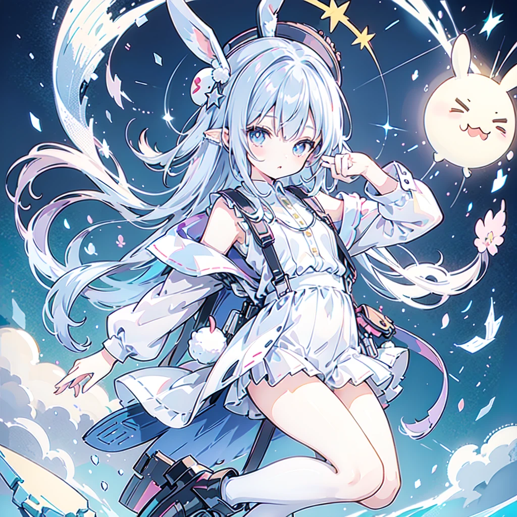 A cute character loved by everyone、vtubermodel,hat/ small silk hat、 upper body/ Off Shoulder Wide Long Cuffs 、Lower Body/ Shorts with Suspenders、shoes/ thick soled long boots、belt/ Star Shaped Waist Pouch 、bag/Rabbit Shaped Backpack 、